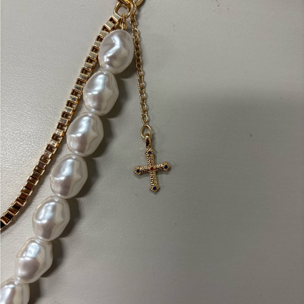 ✨Pearl & Gold Jean Chain | Coquette Cross Charm Bag Accessory✨ - Picture 2 of 2